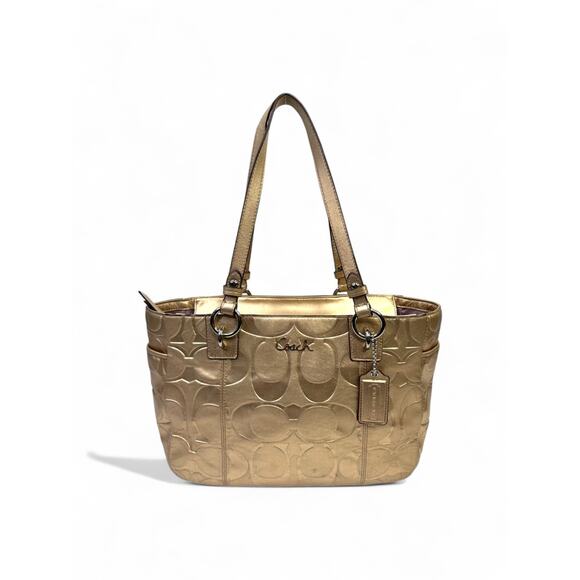 Coach Metallic Gold East West Embossed Signature Leather Tote Bag - Picture 1 of 15